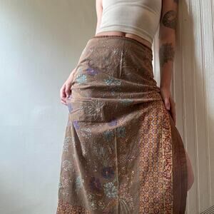 Vintage Island Spice Brown Floral Midi Skirt Medium Beach Summer Vacation